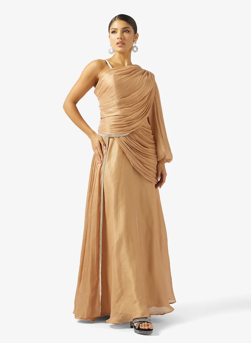 draped metallic gown dress